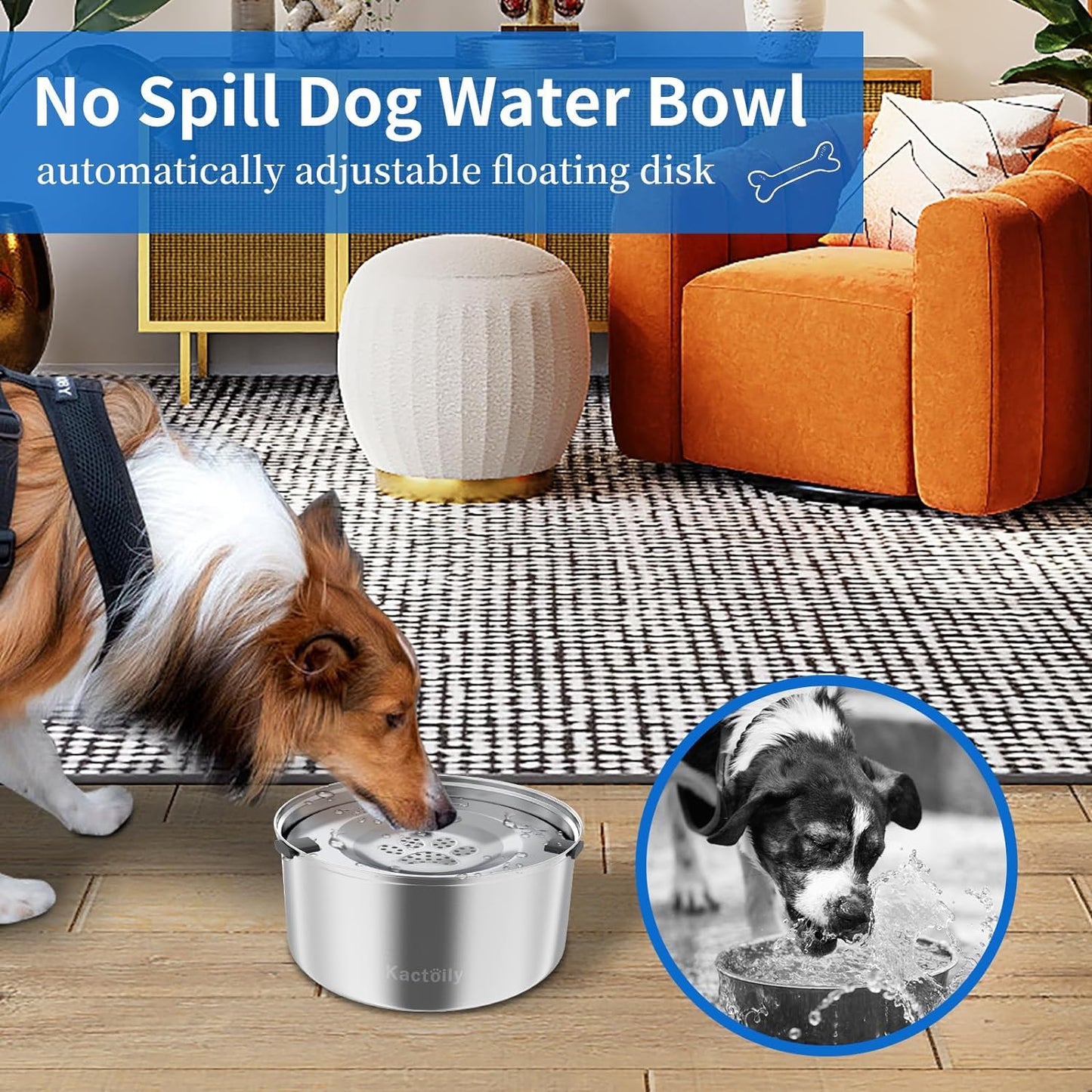 Kactoily 3L/101oz Large Capacity Dog Water Bowl Stainless Steel No Spill Dog Bowls Slow Drinking Dog Water Feeder Dispenser