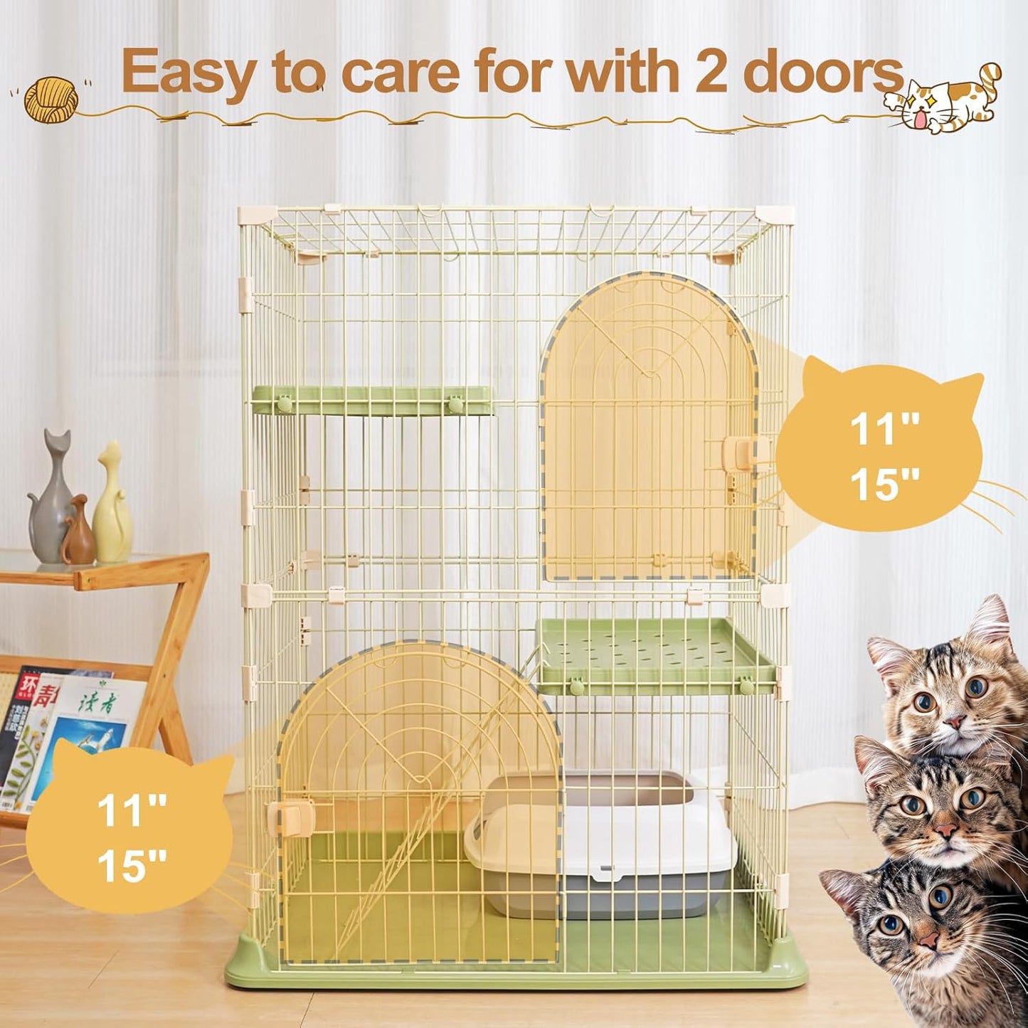Cat Cage 2-Tier Indoor Cat Enclosure with Widen Bottom Buckle & Reinforced Locking Clamps DlY Cat Playpen for 1-2 Cats & Small Pets,30" Lx 20" W X 35" H (Green, Two-Tier35")