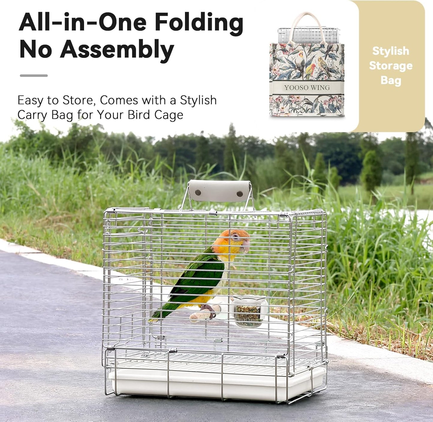 Bird Carrier Travel Cage - 304 Stainless Steel Portable Folding Bird Travel Cage with Parrot Feeder Cups & Standing Perch for Smaller Birds Conures Lovebird Cockatiel Parakeets (White)