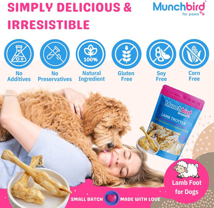 Munchbird Lamb Trotter Dehydrated Dog Treats Natural Glucosamine for Dogs Chondroitin for HIPS and Joints Lean Hypoallergenic Protein Rawhide Free. Alternative to Duck Feet Lamb Ears (4.5 oz)