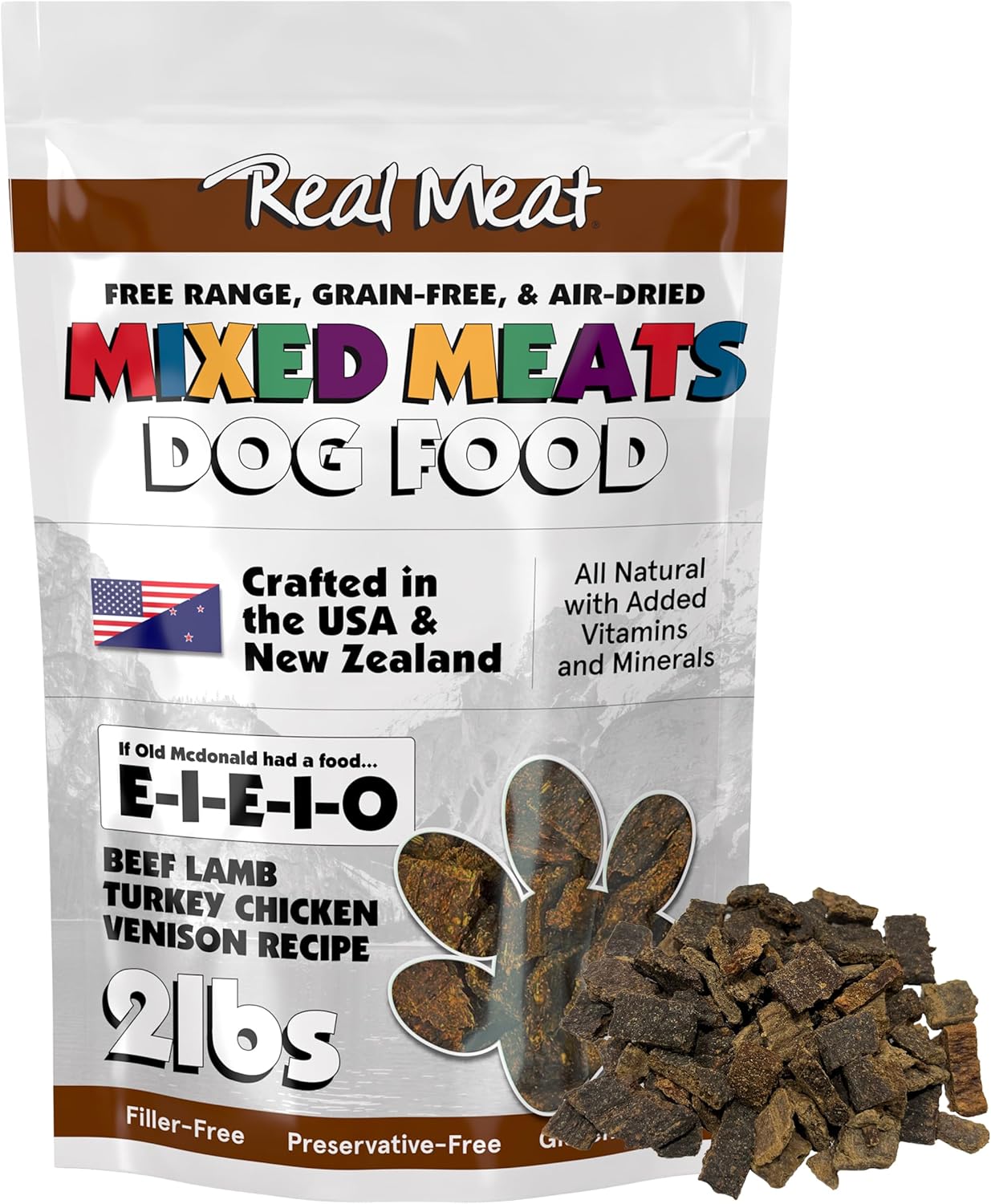 TRMC Mixed Meat E-I-E-I-O Air Dried Dog Food w/Real Beef, Lamb, Turkey, Chiken & Venison (Free from Fish) - 2lbs of Grain-Free, High-Protein, Real Meat Dog Food for Dogs of Any Age & Size