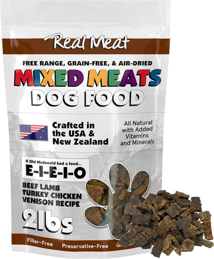 TRMC Mixed Meat E-I-E-I-O Air Dried Dog Food w/Real Beef, Lamb, Turkey, Chiken & Venison (Free from Fish) - 2lbs of Grain-Free, High-Protein, Real Meat Dog Food for Dogs of Any Age & Size