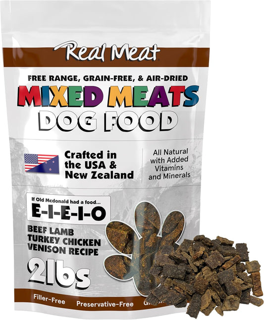 TRMC Mixed Meat E-I-E-I-O Air Dried Dog Food w/Real Beef, Lamb, Turkey, Chiken & Venison (Free from Fish) - 2lbs of Grain-Free, High-Protein, Real Meat Dog Food for Dogs of Any Age & Size