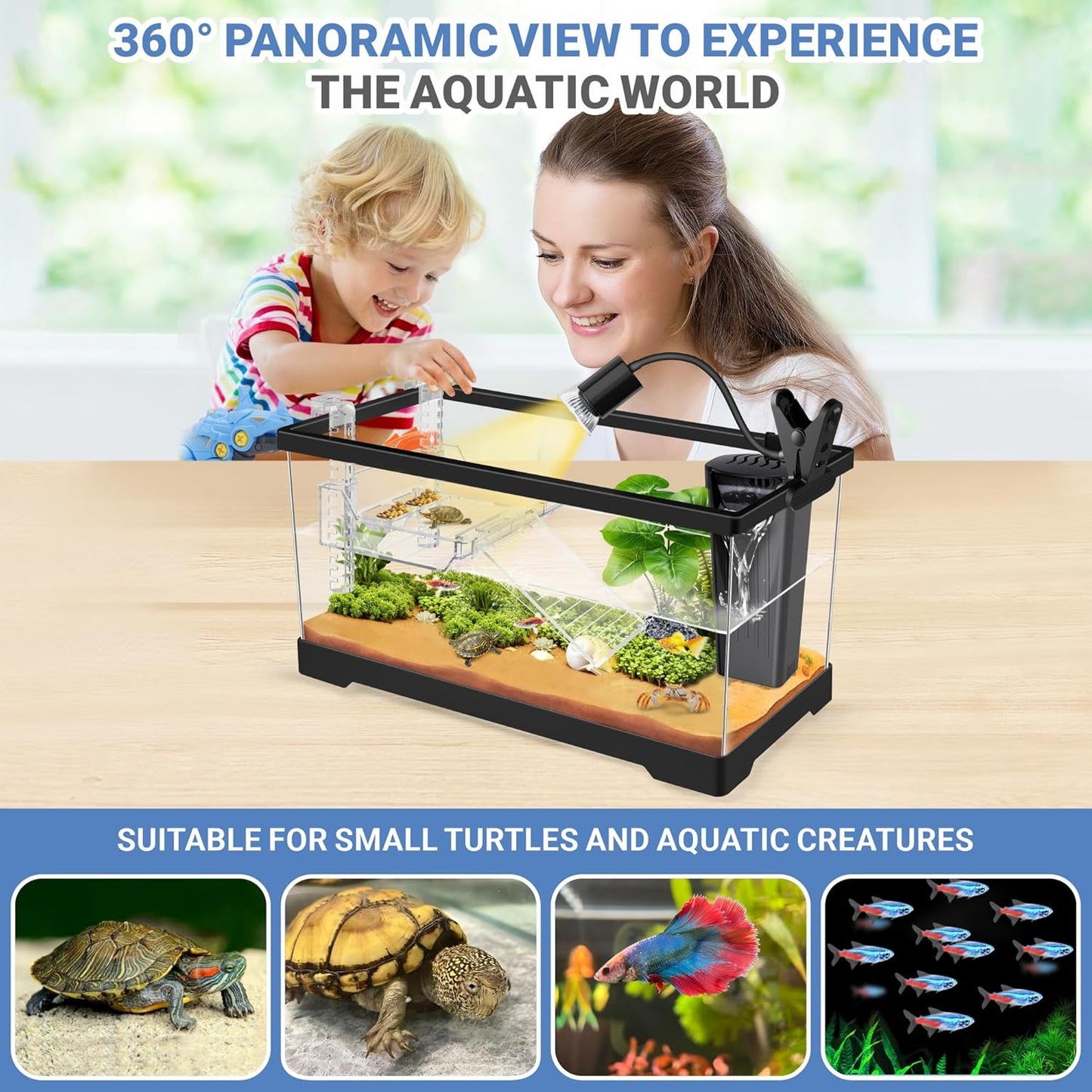 GOZILLA Aquatic Turtle Tank+Lamp+Filter Kit, Upgrade PC Turtle Tank Starter Kit with Adjustable 360°Lamp & Filter,Reptile Habitat Lid,Hanging Platform for Small Reptiles.(15.75×7.9×9''/Black)