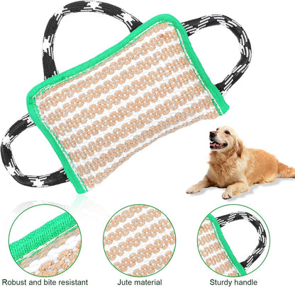 Durable Dog Jute Bite Pillow, 9.8“ x 6.7” Safe Biting Pad with 3 Strong Handles, Safe Tough Jute Tug of War Toy for Medium to Large Dogs Puppy Training, Green