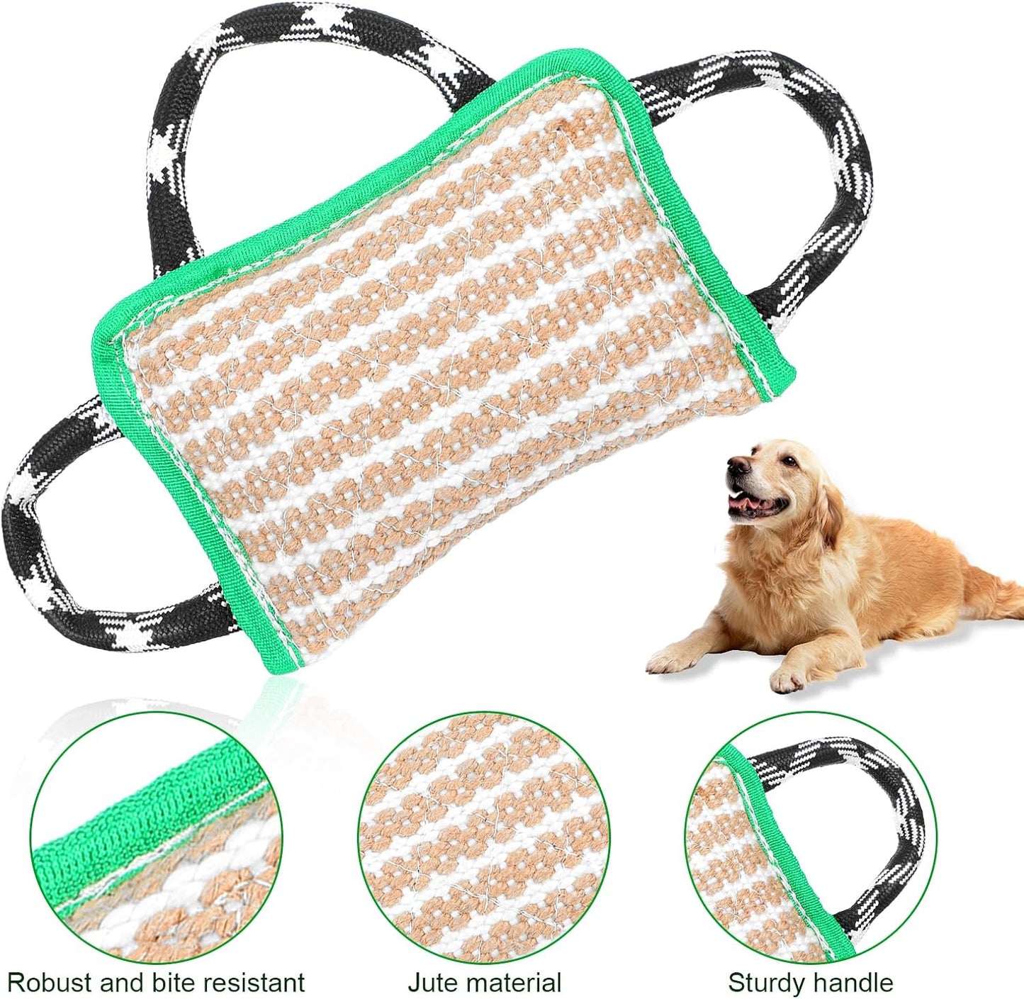 Durable Dog Jute Bite Pillow, 9.8“ x 6.7” Safe Biting Pad with 3 Strong Handles, Safe Tough Jute Tug of War Toy for Medium to Large Dogs Puppy Training, Green