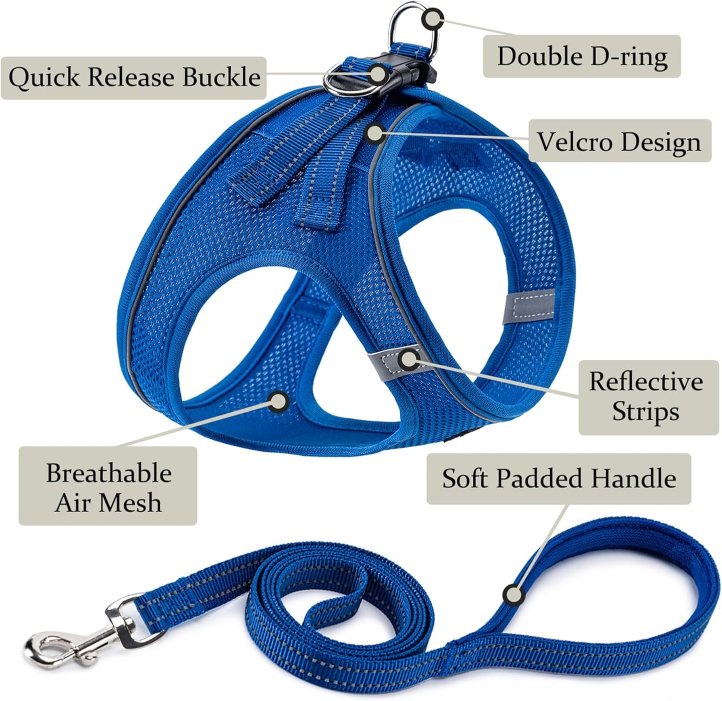 BOOMIBOO Dog Harness with Leash Set, No Pull Adjustable Reflective Step-in Puppy Pet Vest Harnesses for Small Medium Large Dogs and Cats,Blue XS