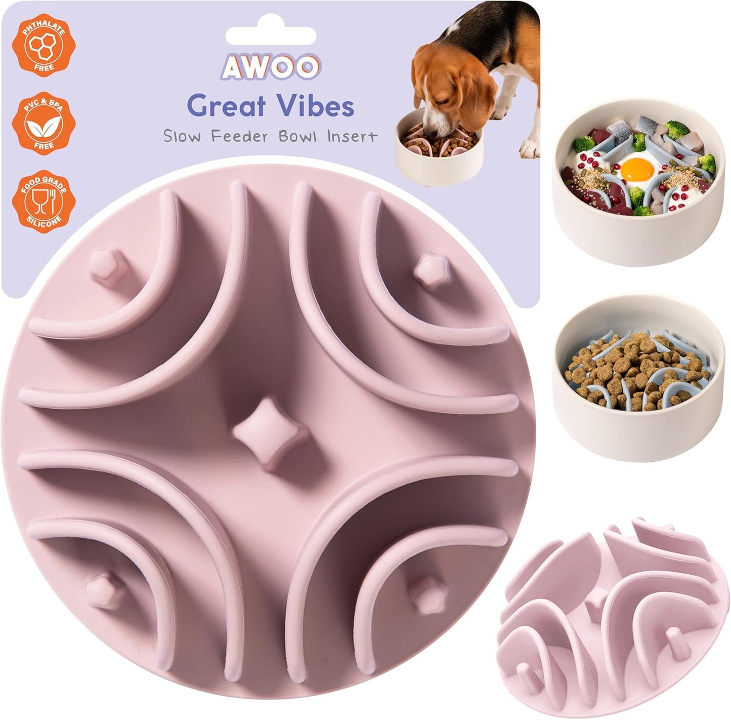 Awoo Great Vibes - Silicone Slow Feeder for Dog Bowls Over 5.5 Inches - Non-Slip, Wet and Dry Food-Compatible Pet Dish with Suction Cups - Extends Mealtime for Fast Eaters - Dishwasher Safe (Mauve)