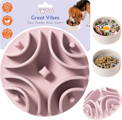 Awoo Great Vibes - Silicone Slow Feeder for Dog Bowls Over 5.5 Inches - Non-Slip, Wet and Dry Food-Compatible Pet Dish with Suction Cups - Extends Mealtime for Fast Eaters - Dishwasher Safe (Mauve)