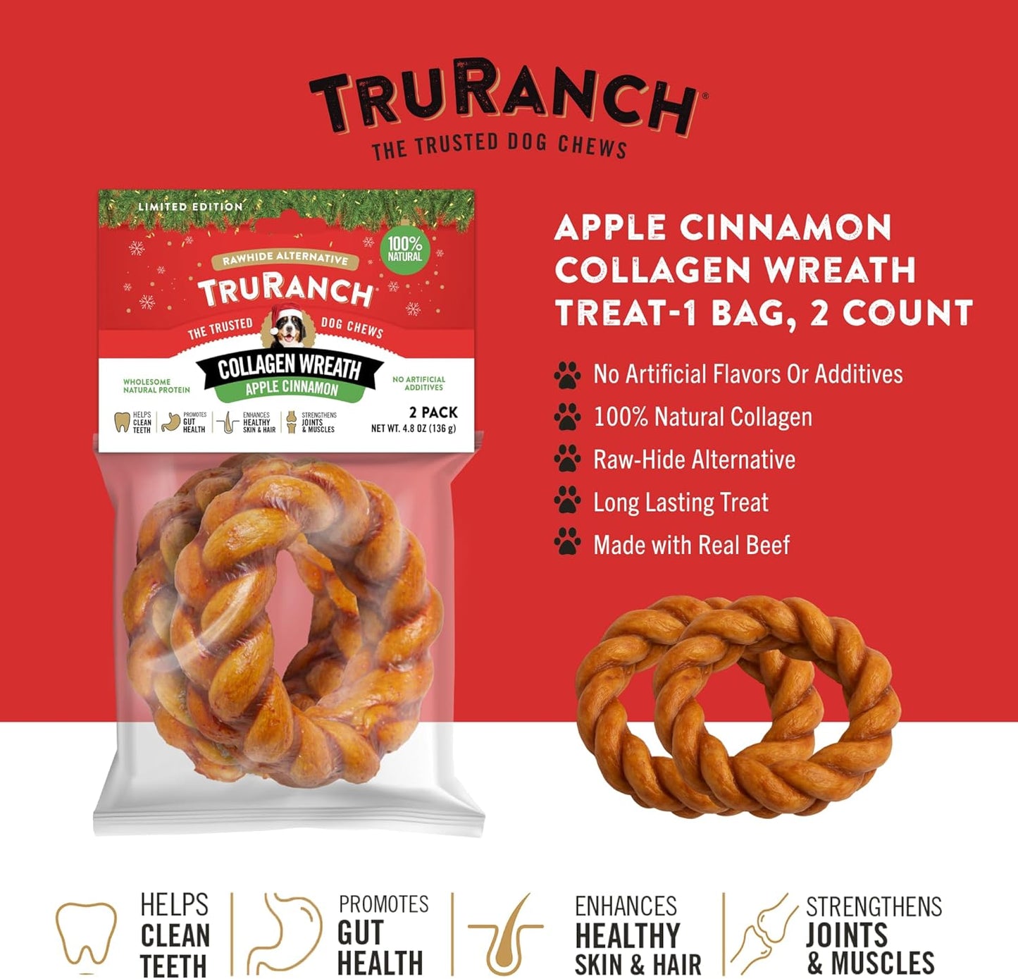 TRURANCH Apple Cinnamon Collagen Wreath Treat, 1 Bag, 2 Count, Limited Edition Holiday Stocking Stuffer, All-Natural Hydrolyzed Collagen, Rawhide Free, 50% Protein, Healthy Limited Ingredient Chew