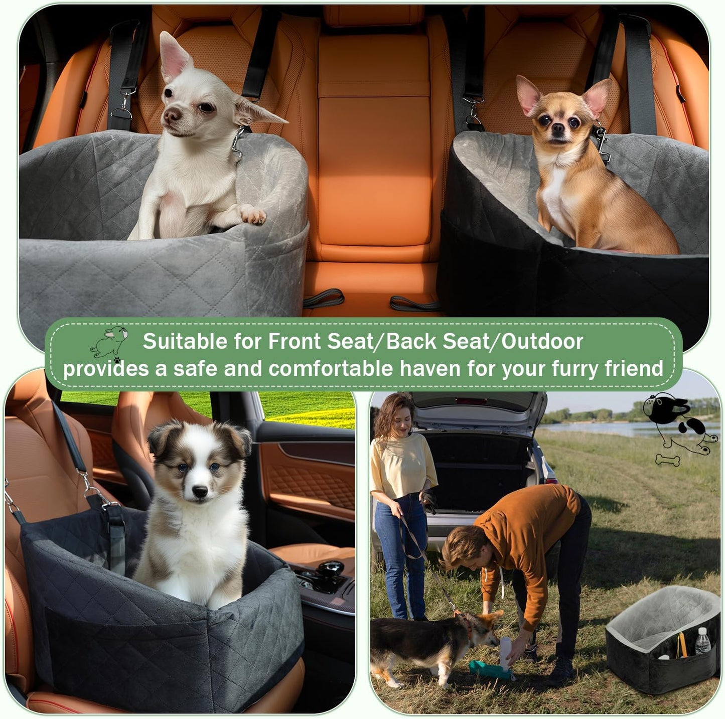 Small Dog Car Seat for Under 30lbs Dog Booster Seat Detachable Washable Pet Car Seat with Safety Leash and Storage Pockets Black&Grey Puppy Travel Bed