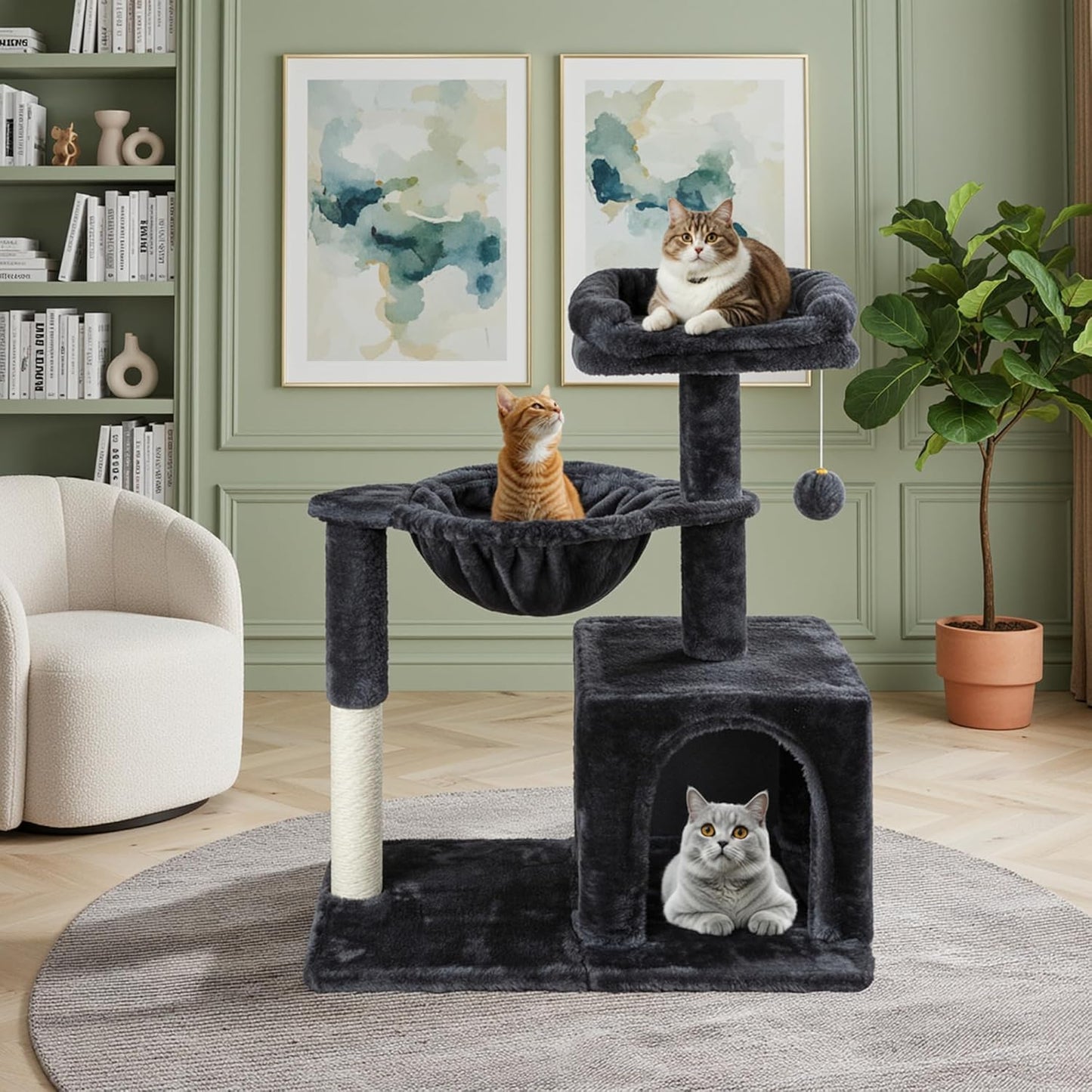Allewie 29.5in Indoor Cat Tree, Multi-Level Cat Tower with Sisal Scratching Posts, Padded Perch, Basket, Condo, and Hanging Ball, Suitable for Kittens and Adult Felines,Dark Grey