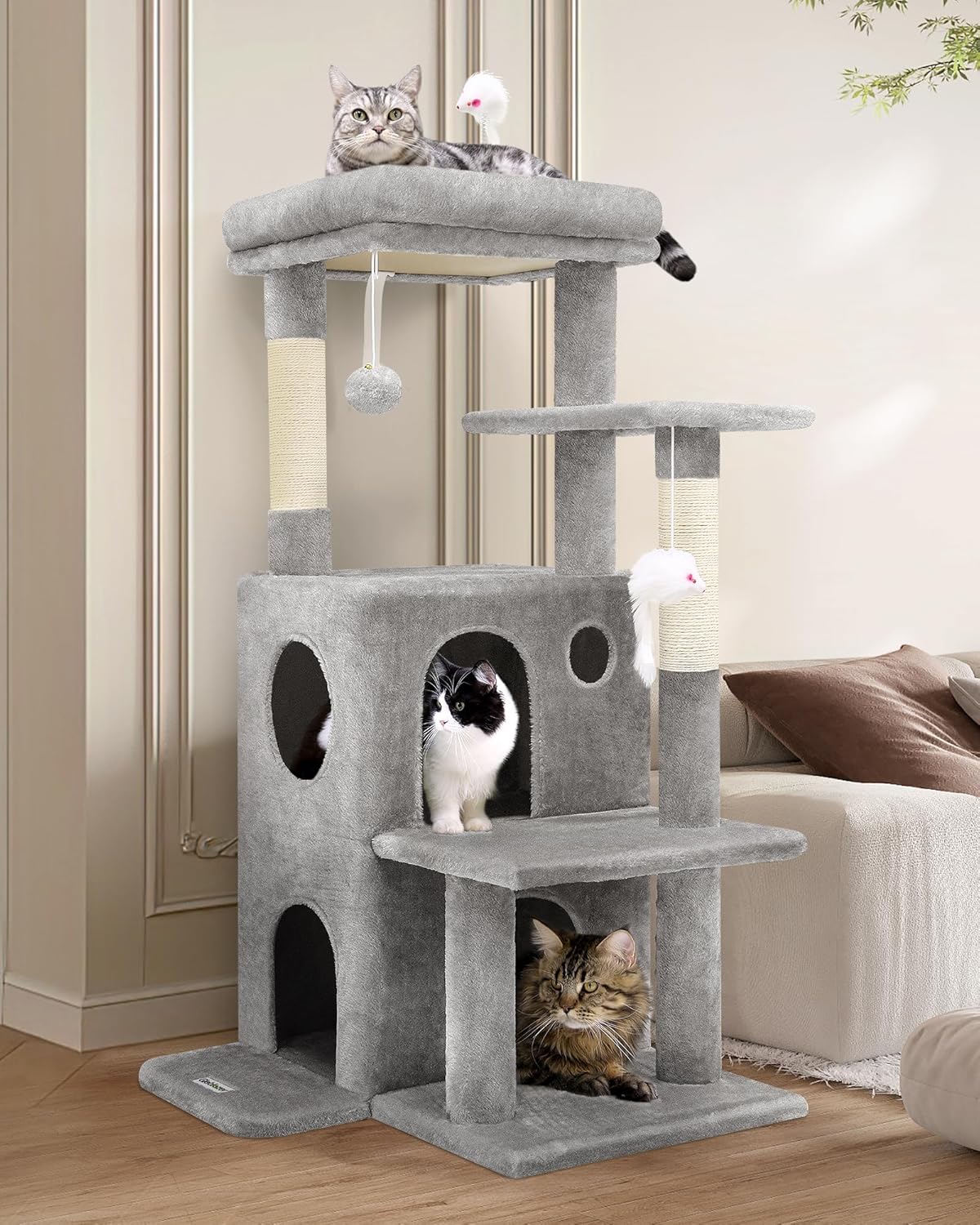 Globlazer Cat Tree Tower for Indoor Cats, 50-inch Adult Cat Tree House for Large Adult Cats with Steps, Scratching Post, 2 Cat Caves, Dangling Toys, FC50, Light Grey