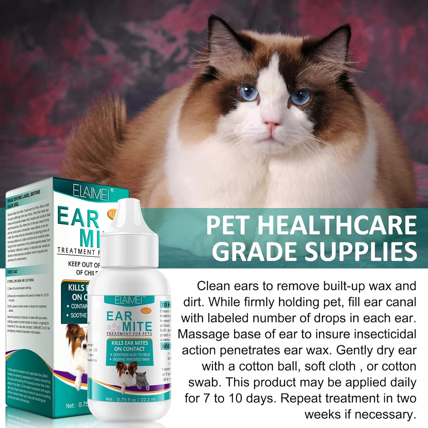 Ear Mite Treatment for Dogs and Cats, Relief for Dogs and Cats Suffering from Ear Mites, Pets Ear Cleaning Drops with Soothing Aloe for Dog & Cats Yeast Infection (1)