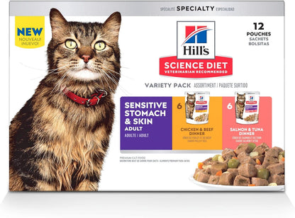 Hill's Science Diet Adult 1-6 Sensitive Stomach&Skin Dry Cat Food,Chicken Recipe,3.5 lb. Bag Adult 1-6 Sensitive Stomach, Chicken&Beef;Salmon&Tuna Stew,2.8 oz.Pouches,12-Pack
