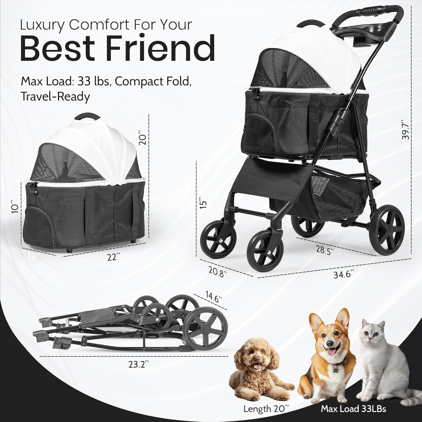 3-in-1 Folding Pet Stroller with Detachable Carrier – Lightweight Travel Design for Cats & Dogs, Safety Lock + Storage Basket