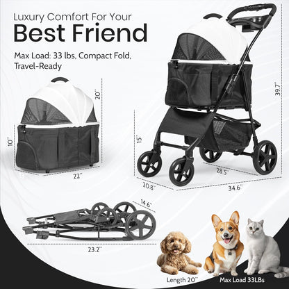 3-in-1 Folding Pet Stroller with Detachable Carrier – Lightweight Travel Design for Cats & Dogs, Safety Lock + Storage Basket