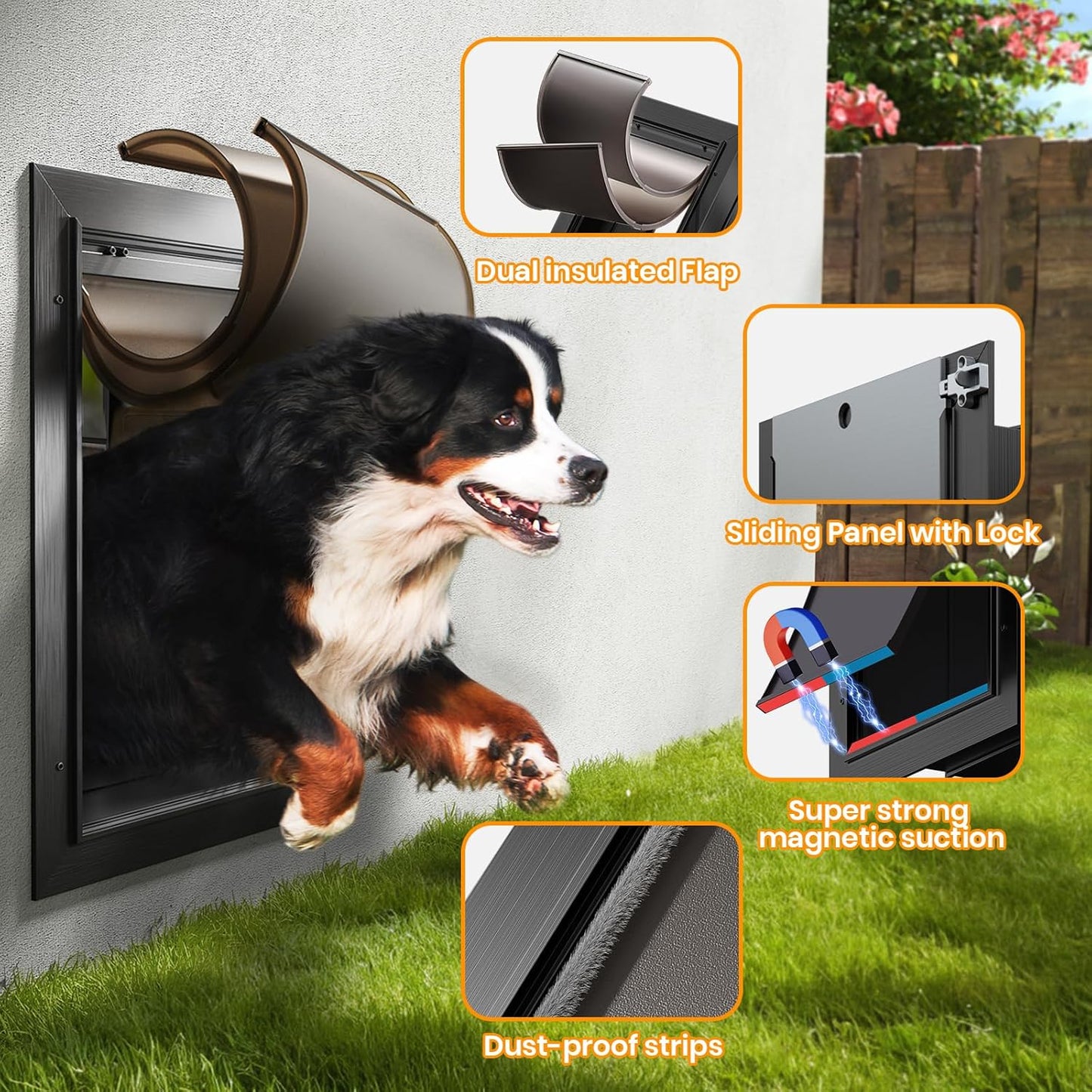 Dog Door for Wall, All Aluminum Large Doggy Door Doggie door, Pet Door Easy to Install, 2 Magnetic Flaps Energy Efficient, Wide Telescoping Tunnel for Interior & Exterior Walls, Pet Up to 110 Lb-Black