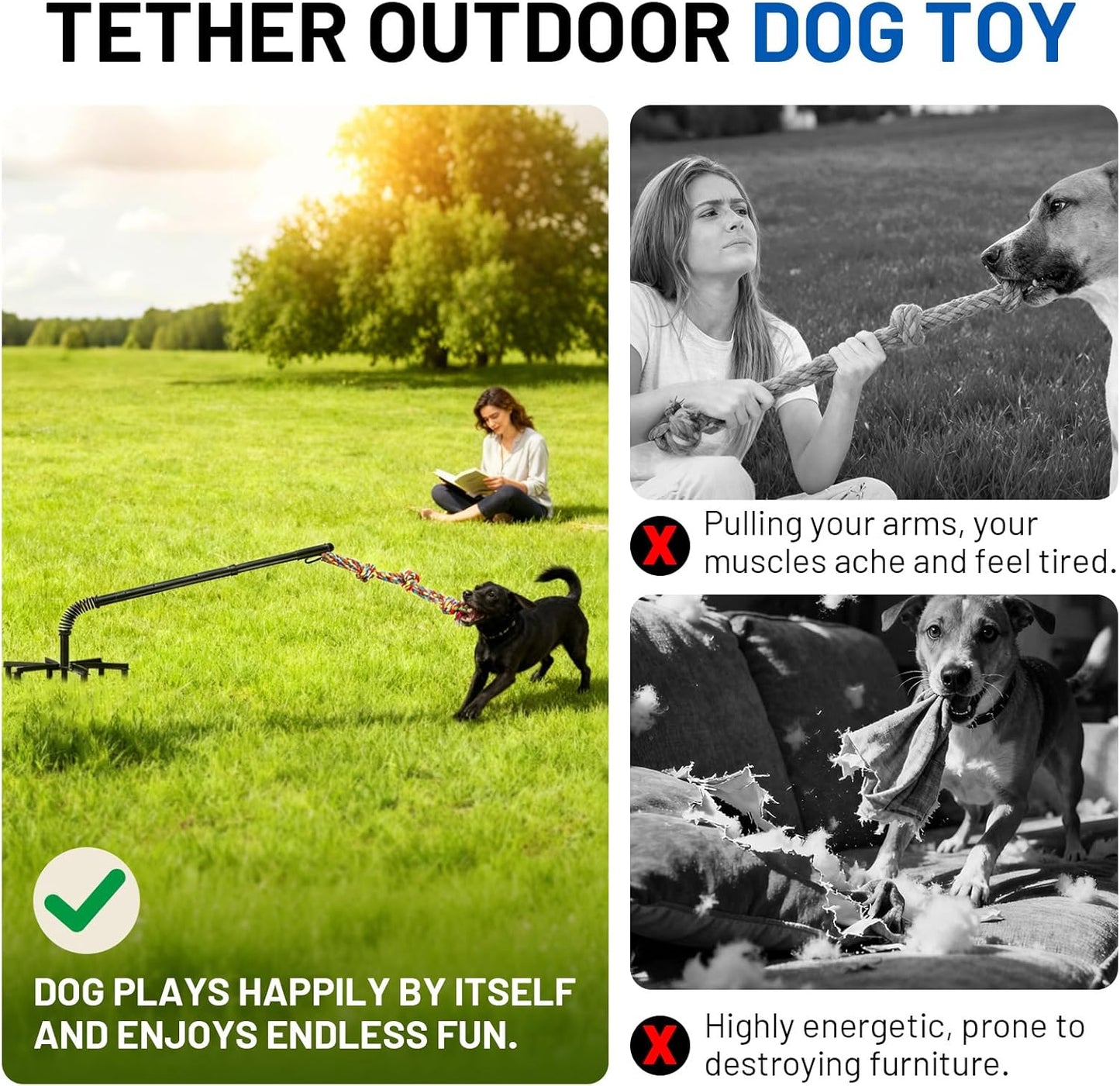 Tether Tug Outdoor Dog Toy,Tether Interactive Dog Tug Toy,Spring Pole For Dogs in Park,Yard,Lawn,2 Rope Toy and Bell Pull Chase and Solo Play,Tether Tug For Large Dogs,For Medium Small Dogs(Black)