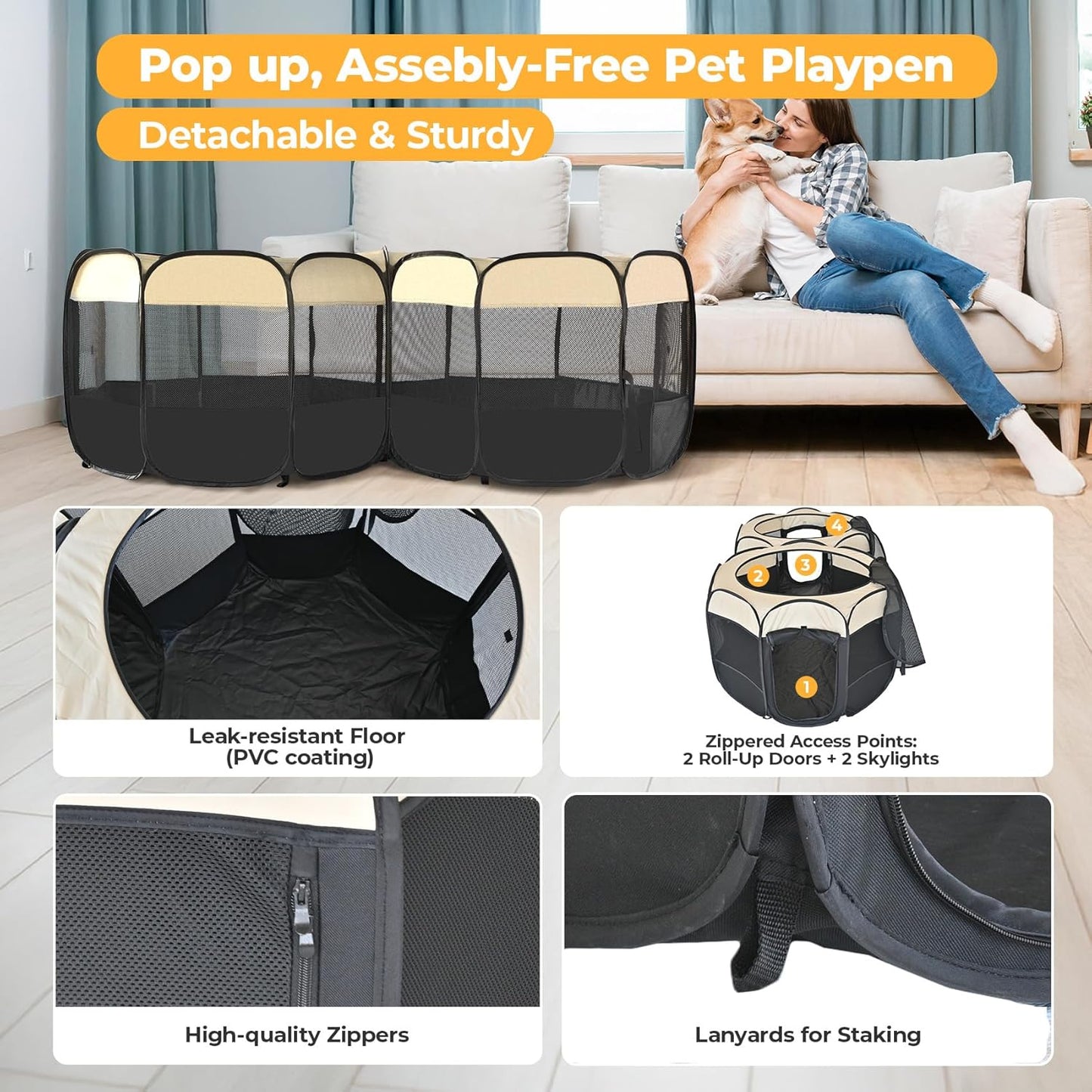 2-in-1 Pop Up Cat Playpen, Detachable into 2 Separate Pens, Assembly-Free Portable Puppy House Collapsible Dog Crates Pet Pen Tent Kennel Kitten Enclosure Cage Indoor Outdoor Foldable(M)