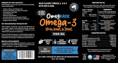 Omegease Fish Oil for Dogs & Cats - Finest for Pets Omega 3 for Cats & Dogs - Supplement for Skin & Coat, Itching, Shedding, Joints & Immune Health - 100% Pure Omega Fish Oil with EPA & DHA (32 oz)