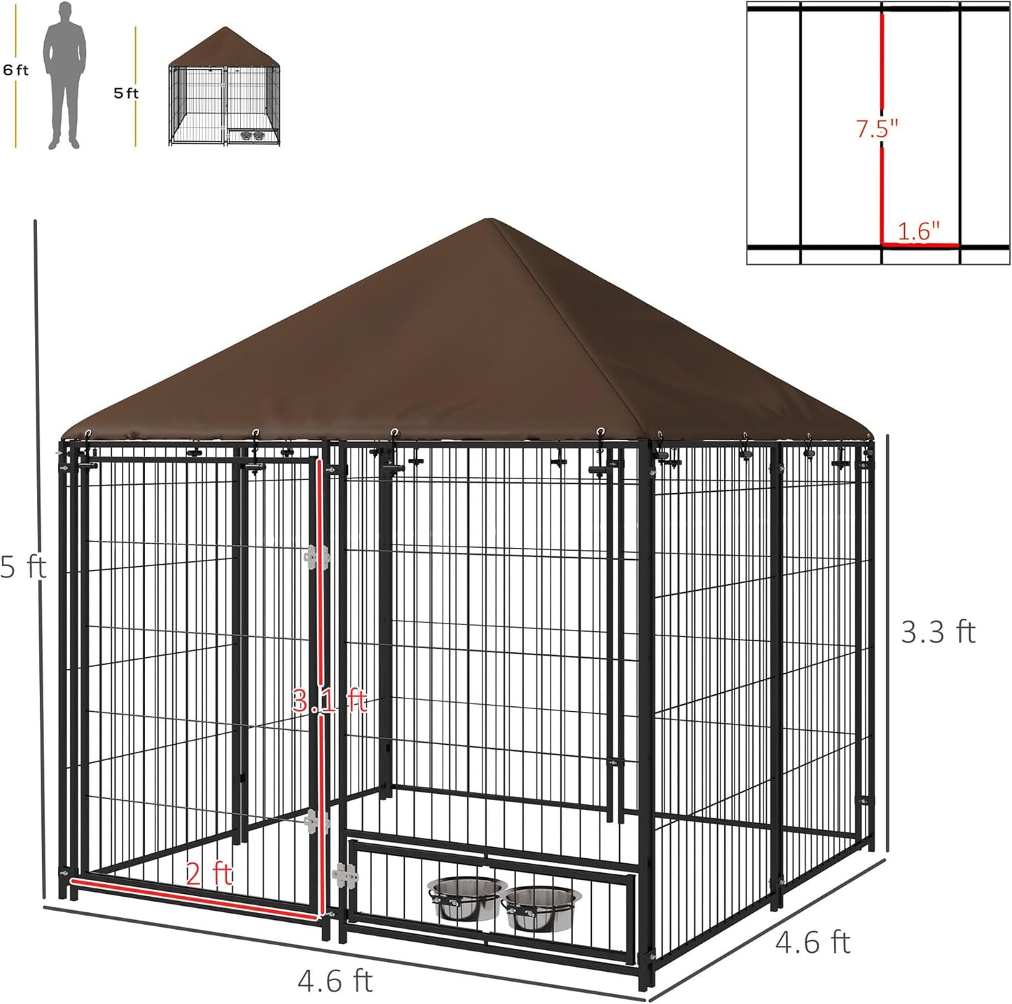 Dog Crate Furniture Style Outdoor Kennel with Canopy, 4.6' x 4.6' x 5' Large Dog Cage House Playpen Enclosure with Rotating Bowl, Durable Garden Playpen Fence Crate,Black