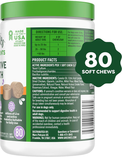 Greenies Supplements Digestive Health Probiotics for Dogs Chicken Flavor, 15.6 oz. Tub of 80 ct.