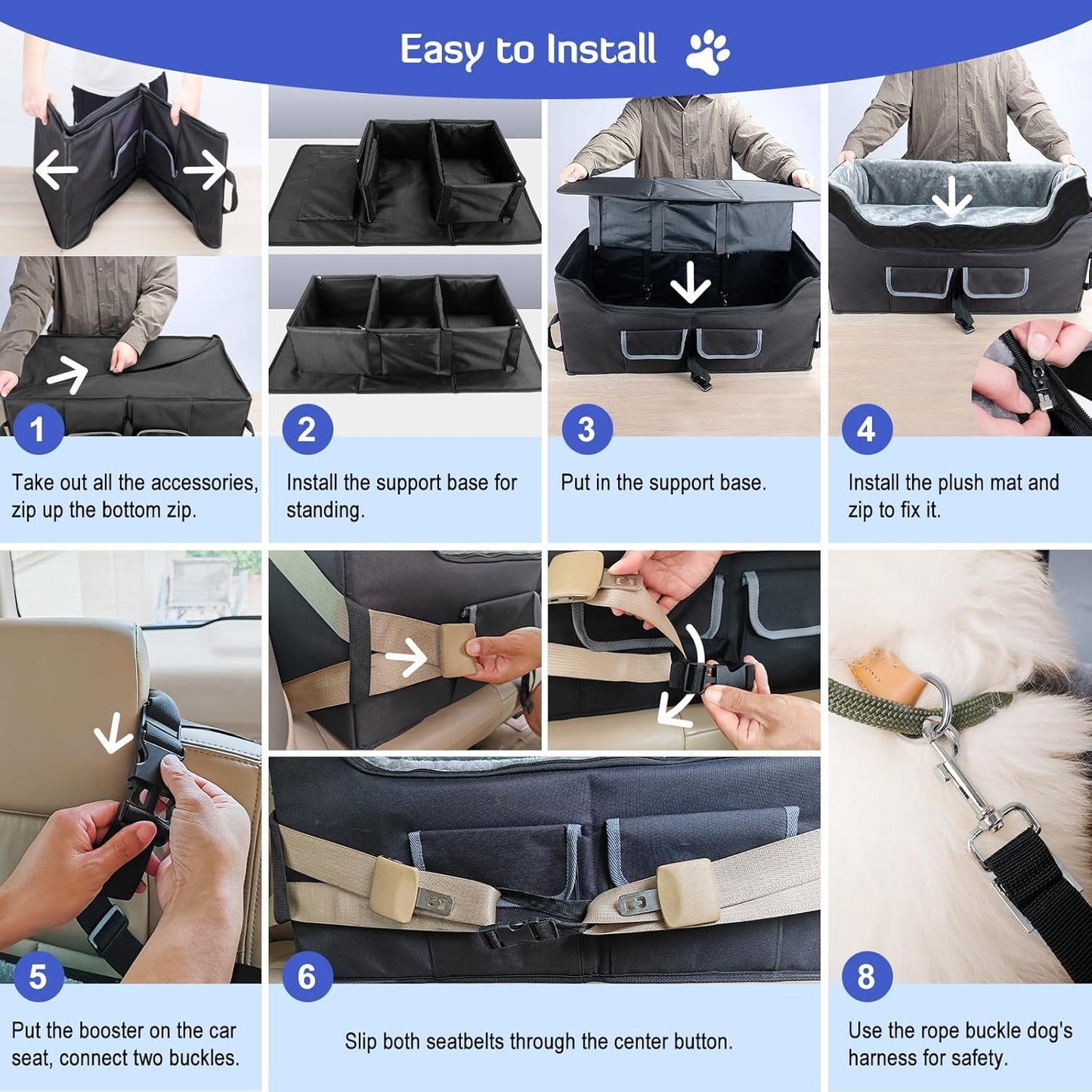 INFANZIA Dog Car Booster Seat, Elevated Pet Car Seats for Large Medium Dogs with Safety Leash, Washable Lookout Puppy Travel Seat with Storage Pockets for Pets Under 55 lbs (Large, Black)