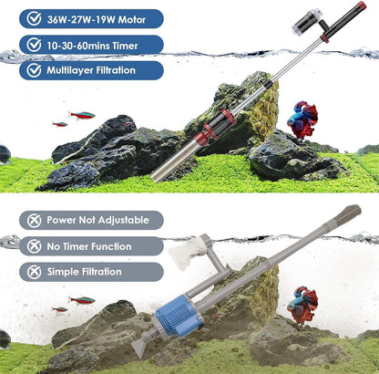 AKKEE Aquarium Vacuum Gravel Cleaner, 36W Electric Fish Tank Cleaner Vacuum, 8 in 1 Multifunctional Aquarium Cleaner for Automatic Water Change, Wash Sand, Water Circulation and Timed Off