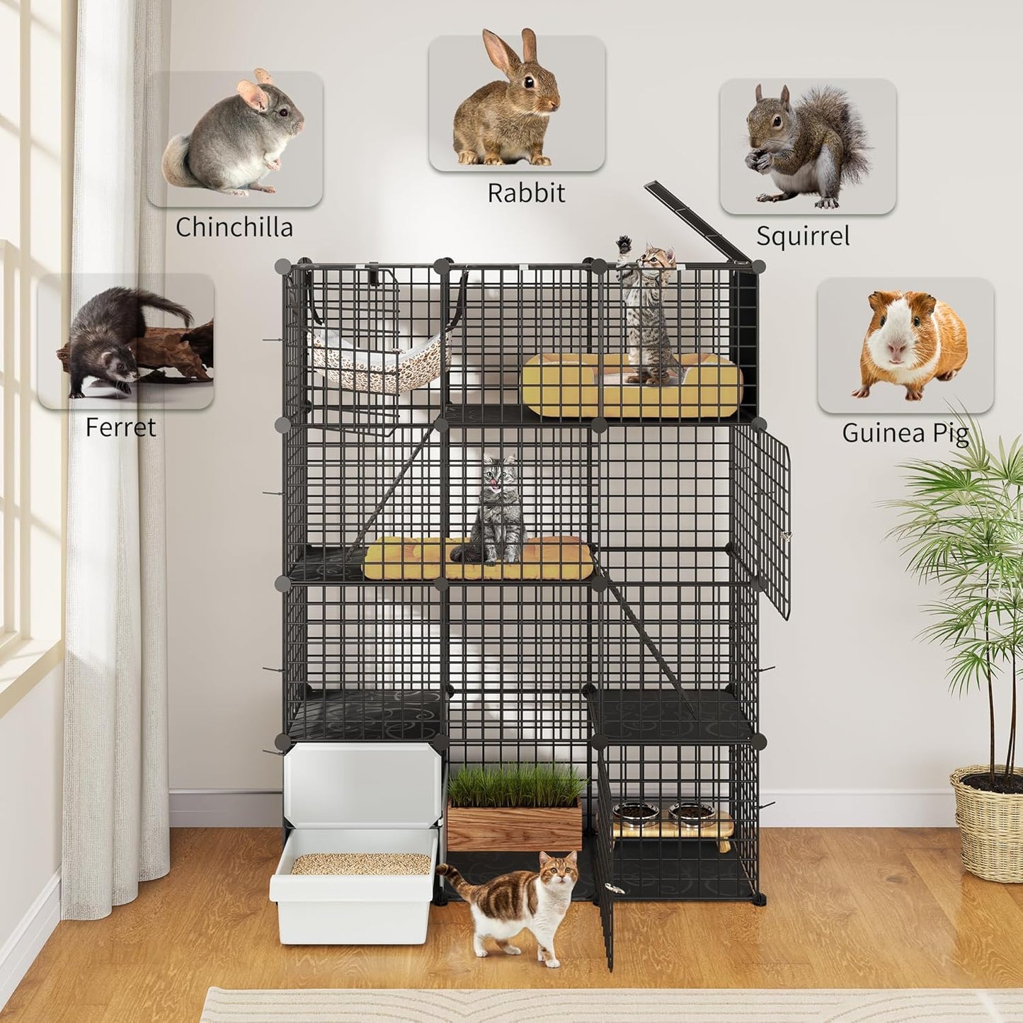 YITAHOME 4-Tier Cat Cage with Litter Box: Kittens House Indoor Multi-Level Enclosure for 1-3 Small Cats, Black