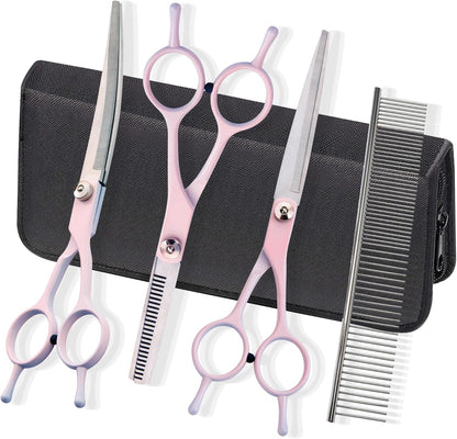 Dog Grooming Scissors Kit, Fcysy Professional Dog Trimming Scissors Set, Hair Cutting Curved Thinning Shears for Pet Cat at Home, Pet Grooming Supplies
