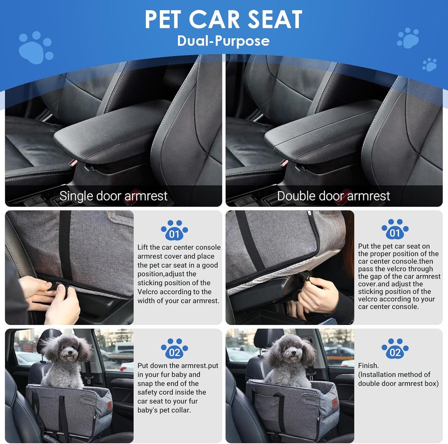 Dog Car Seat for Small Dogs, Center Console Dog Car Seat with Storage Pockets and Clip-On Safety Leash, Detachable and Washable Dog Booster Car Seat, Portable Dog Travel Carrier Bed(Grey)
