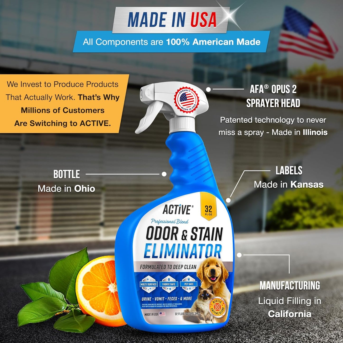 Pet Odor and Stain Eliminator - 32 oz ACTIVE Enzyme Cleaner for Dog & Cat Urine, Stain Remover Spray for Carpet, Upholstery, Hardwood, Spot Cleaning, Deodorizer for Dogs Cats Pets - Natural Citrus Oil