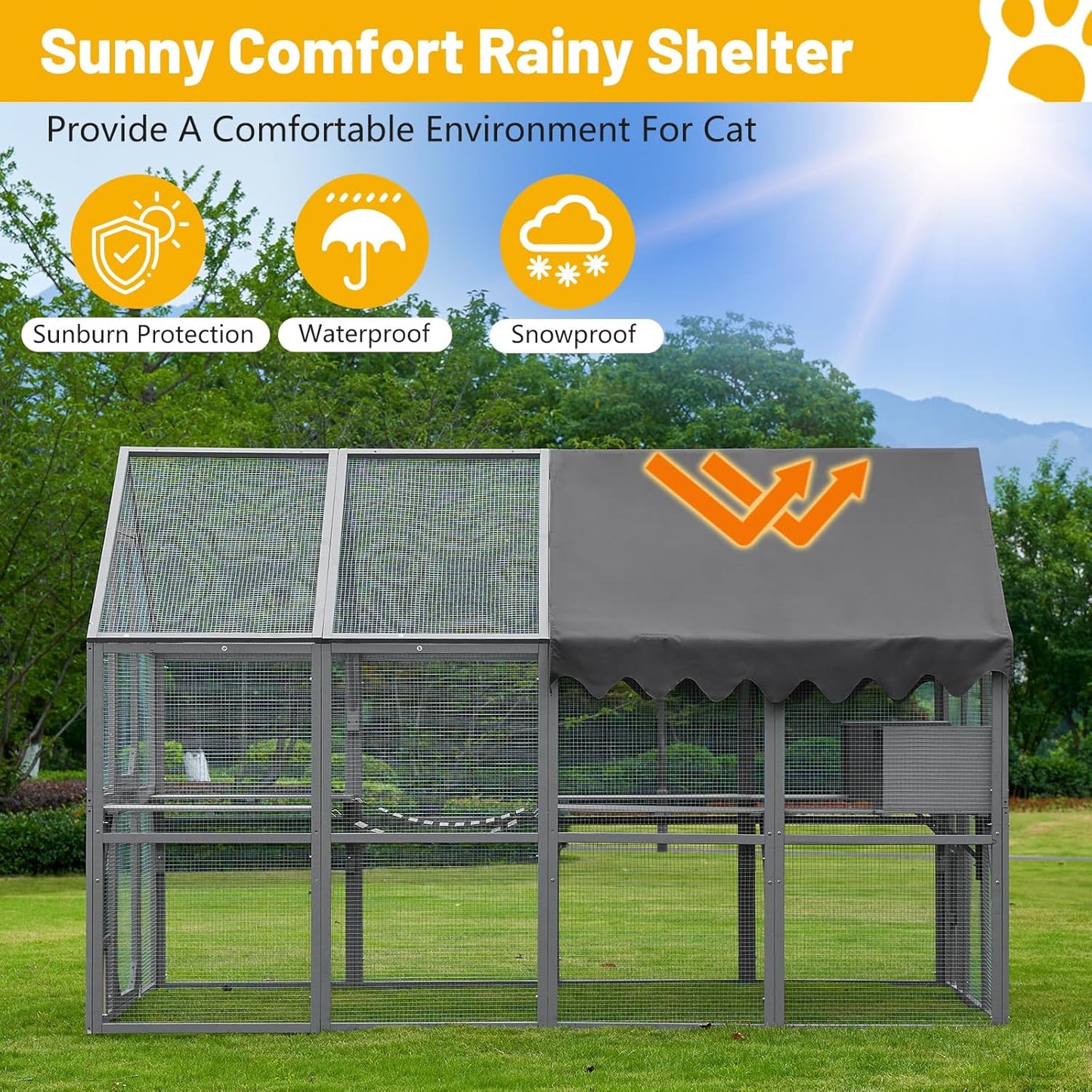 110" Large Outdoor Cat House Catio, Wooden Cat Enclosure for Multiple Cats with Platforms, Resting Box and Bridges, Feral Cat Shelter Kitten Playpen w/Waterproof & UV Proof Canopy, Grey