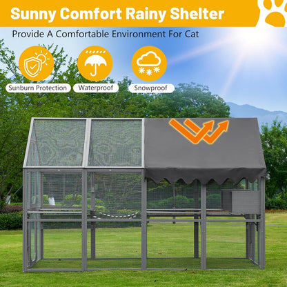 110" Large Outdoor Cat House Catio, Wooden Cat Enclosure for Multiple Cats with Platforms, Resting Box and Bridges, Feral Cat Shelter Kitten Playpen w/Waterproof & UV Proof Canopy, Grey