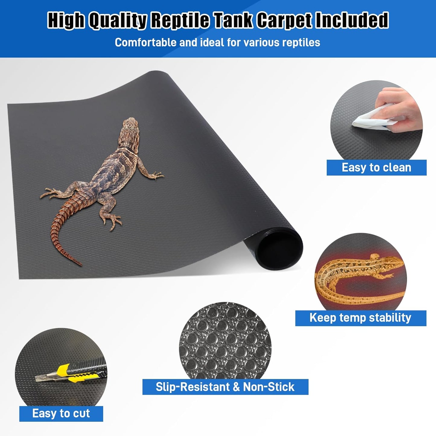 120 Gallon PVC Reptile Terrarium - Extra Large Reptile Tank with Intelligent Thermostat, Front Opening Bearded Dragon Tank Enclosure 47"x24"x24" with Carpet Mat and Sliding Door Handle for Snake Gecko