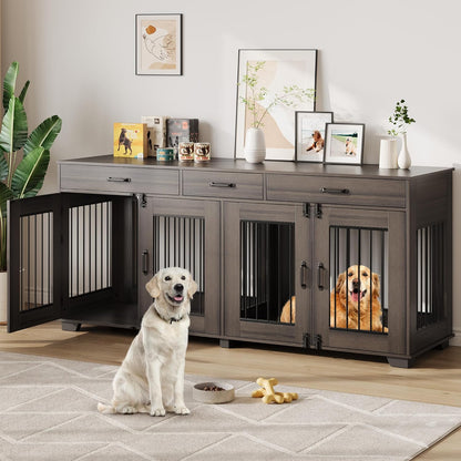 71'' Dog Crate Furniture, Large Indoor Rustic Dog Kennel with Removable Divider, 3 Storage Drawers, End Table for 2 Large Medium Dogs, Wooden Indoor Pet Crate, Walnut
