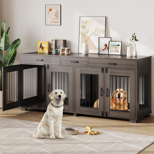 71'' Dog Crate Furniture, Large Indoor Rustic Dog Kennel with Removable Divider, 3 Storage Drawers, End Table for 2 Large Medium Dogs, Wooden Indoor Pet Crate, Walnut