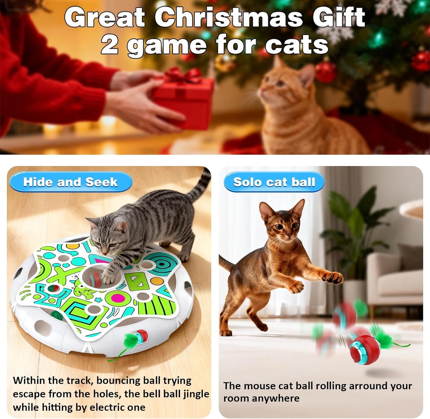 Cat Toys Maze Game Automatic Hide N Seek Cat Toy for Indoor Cats, Motion Activated Cat Ball with 3 Modes, Extra Feather & Bell Ball