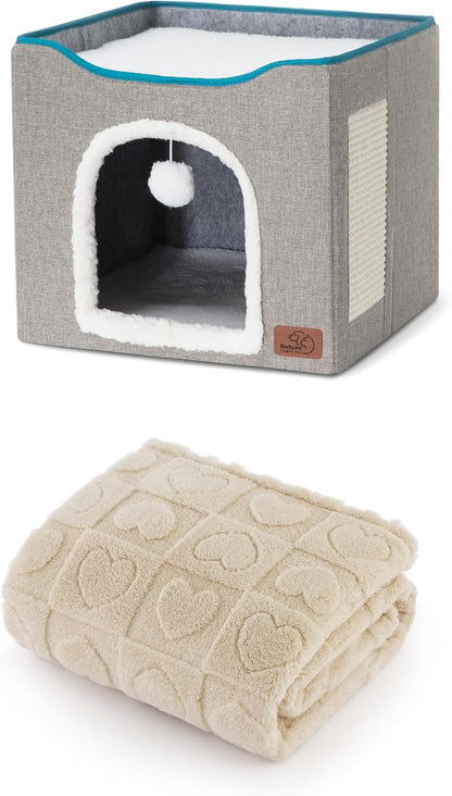 Bedsure Cat Cave for Pet Cat House 16.5x16.5x13 inches, Grey with Bedsure Dog Blankets for Small Dogs White, 25x35IN