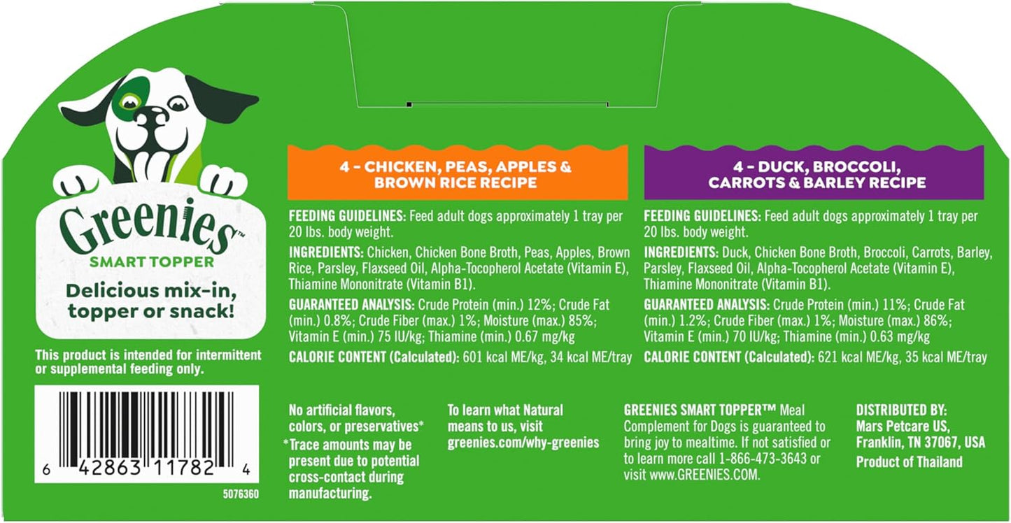 Greenies Smart Topper High Protein Wet Mix-in for Dogs, Chicken, Peas, Apples, and Brown Rice Recipe & Duck, Broccoli, Carrots and Barley Recipe Variety Pack with Whole Grains, 8 Trays of 2oz.