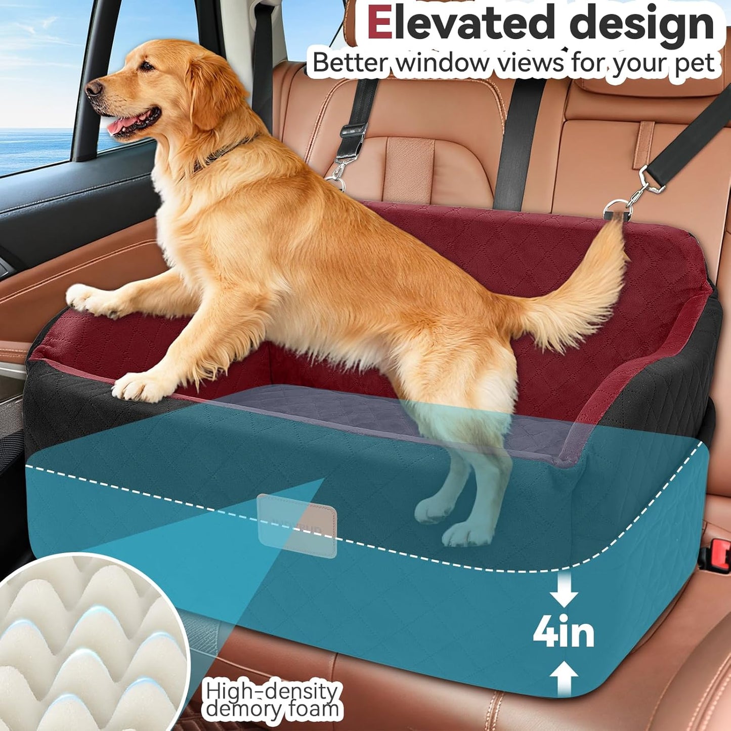 Dog Car Seat for Medium/Large Dogs, Memory Foam Pet Booster Seat for Under 55 lbs or 2 Small Dogs, Detachable Dog Car Bed for Backseat with 2 Safety Leashes and Pockets (Black/Red, Large)