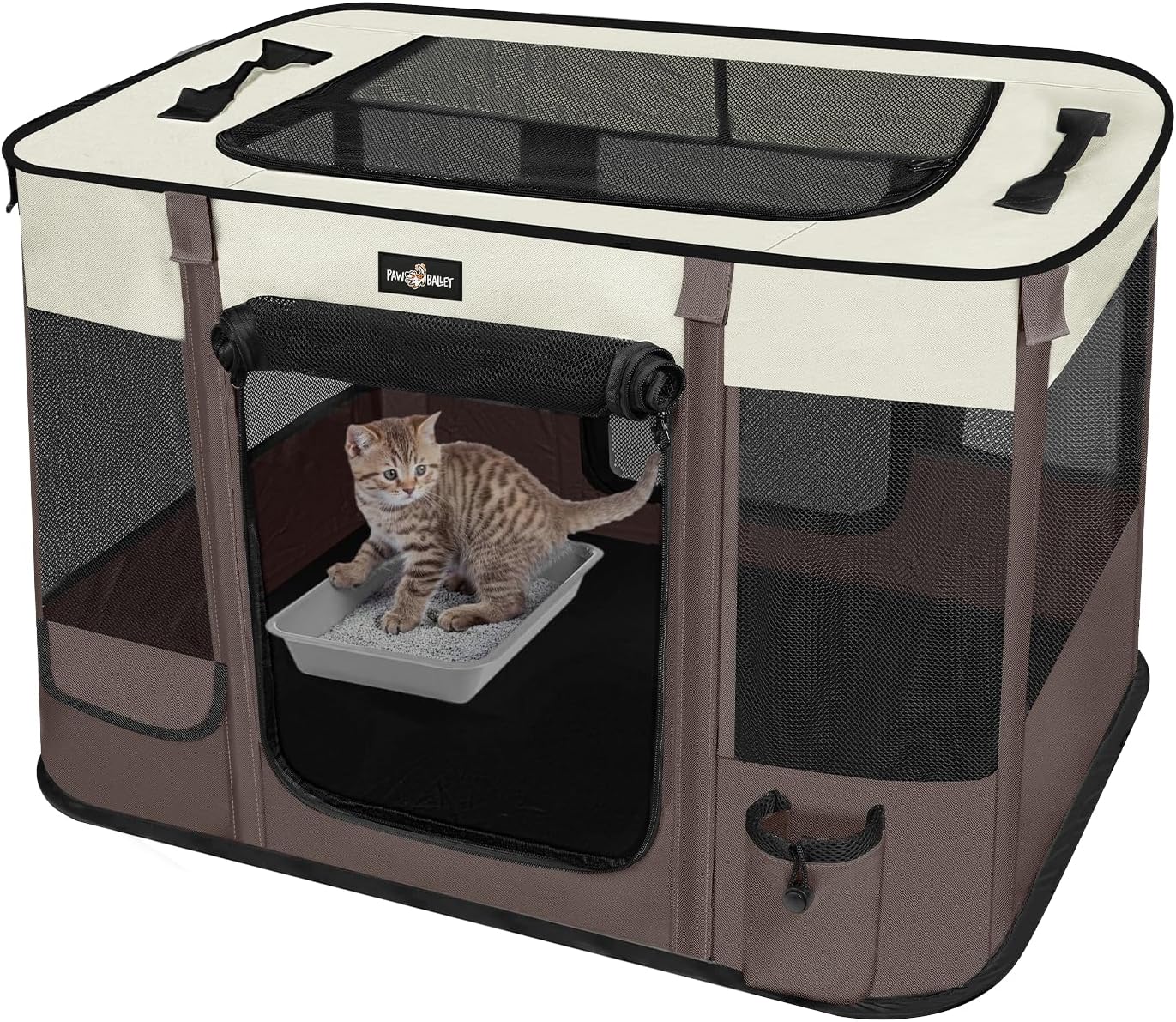 Foldable Pet Kitten Playpen, Upgrade Waterproof Portable Cat Dog Playpen Kennel Tent for Small Dog Cat, Retractable Shade Cover, Indoor Outdoor Use for Small Pet, Brown