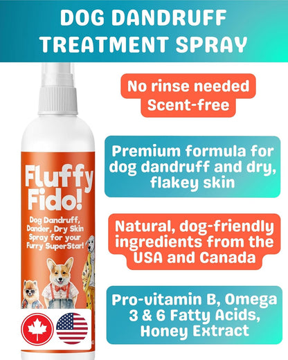 Dog Dandruff Treatment & Dry Skin Relief Dog Spray - Fluffy Fido Unscented No Rinse Pet Dander Spray with Vitamin B, Omega 3 & 6 & Honey Extract - 7 fl. oz.