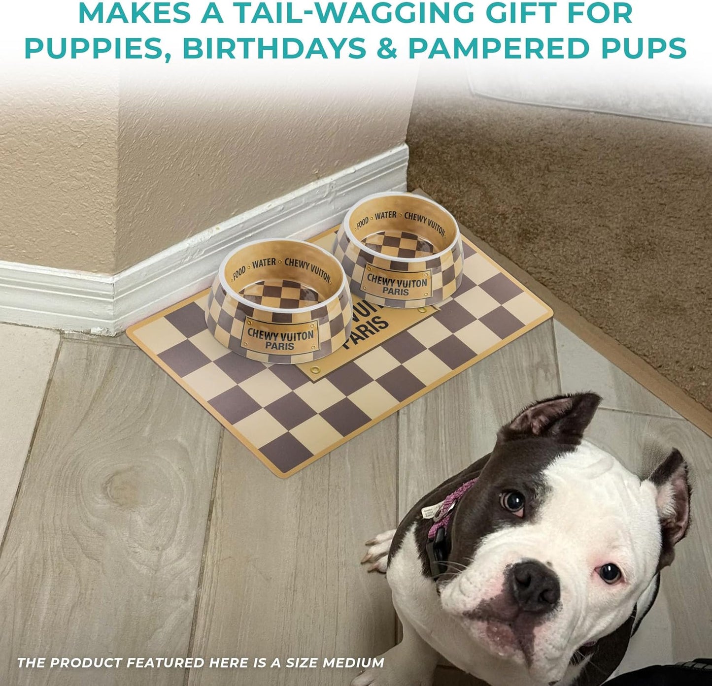 Haute Diggity Dog Checker Chewy Vuiton Dog Bowl & Placemat, BPA-Free Food & Water Bowls, Non-Skid, Dishwasher Safe, Includes Food Mat, Medium Size, Case of 2.