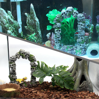 Aquarium Skull Cave Rocks, Reptile Tank Accessories, Fish Tank Decorations for Amphibians, Betta Fish, Shrimp, Hermit Crab, Leopard Gecko