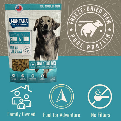 MONTANA DOG FOOD CO. Freeze-Dried Raw Surf & Turf Recipe Dog Food – Grain-Free, High-Protein Meal or Topper, Made in USA with USA Ingredients -16 oz Bag