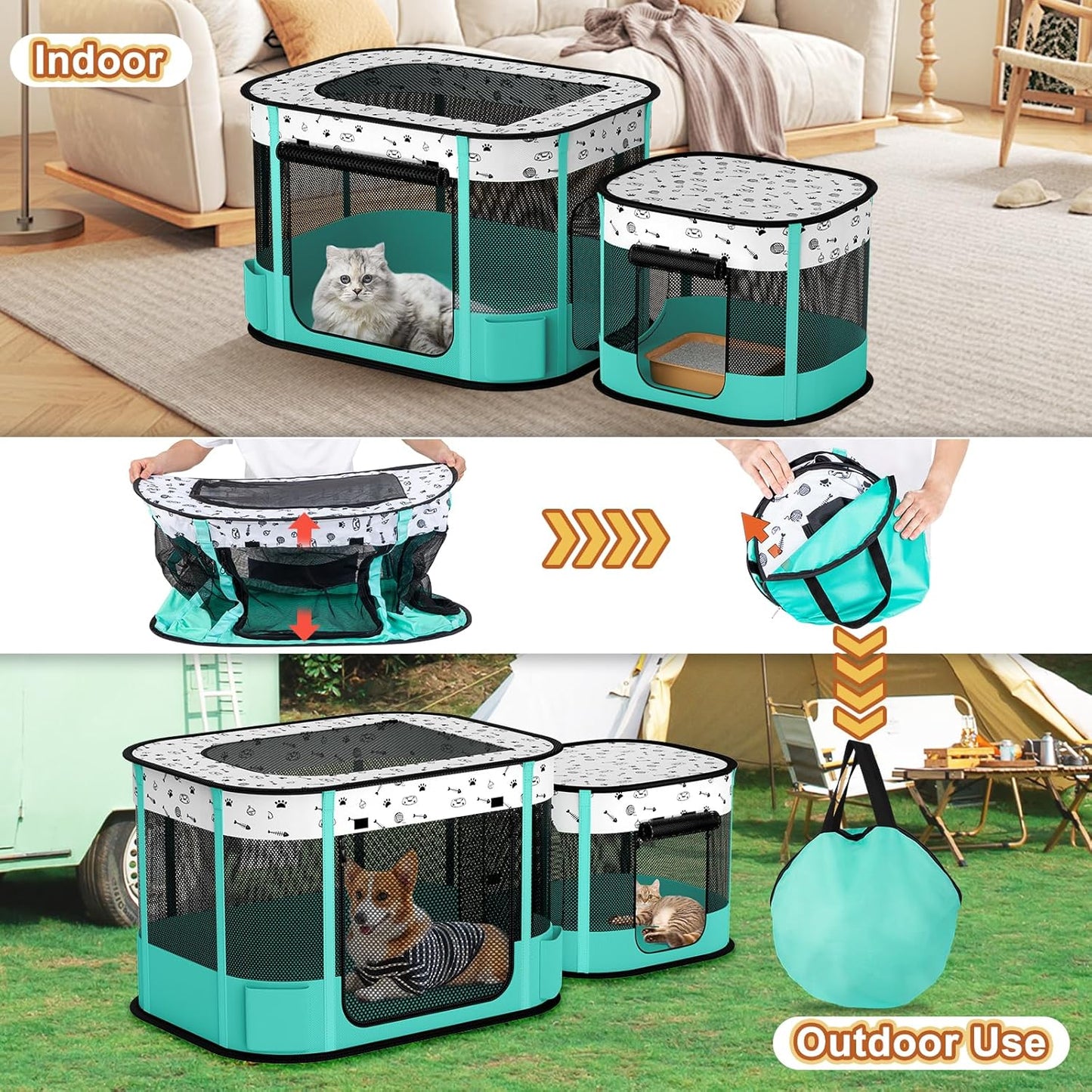 Portable Cat Playpen, 8-Rod Reinforced Kitten Dog Playpens, Foldable Play Pen for Indoor Cats Enclosed Pet Puppy Doggy Outdoor, Collapsible Tent Kennel Cage House(32"x24"x22")