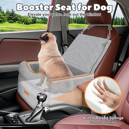 Small Dog Car Seat, Waterproof Dog Booster Seat with Thick Cushion & Safety Leash, Removable Car Back Seat Bed for 1 Small Dogs Under 25lbs, Pet Car Seat for Travel, Gray
