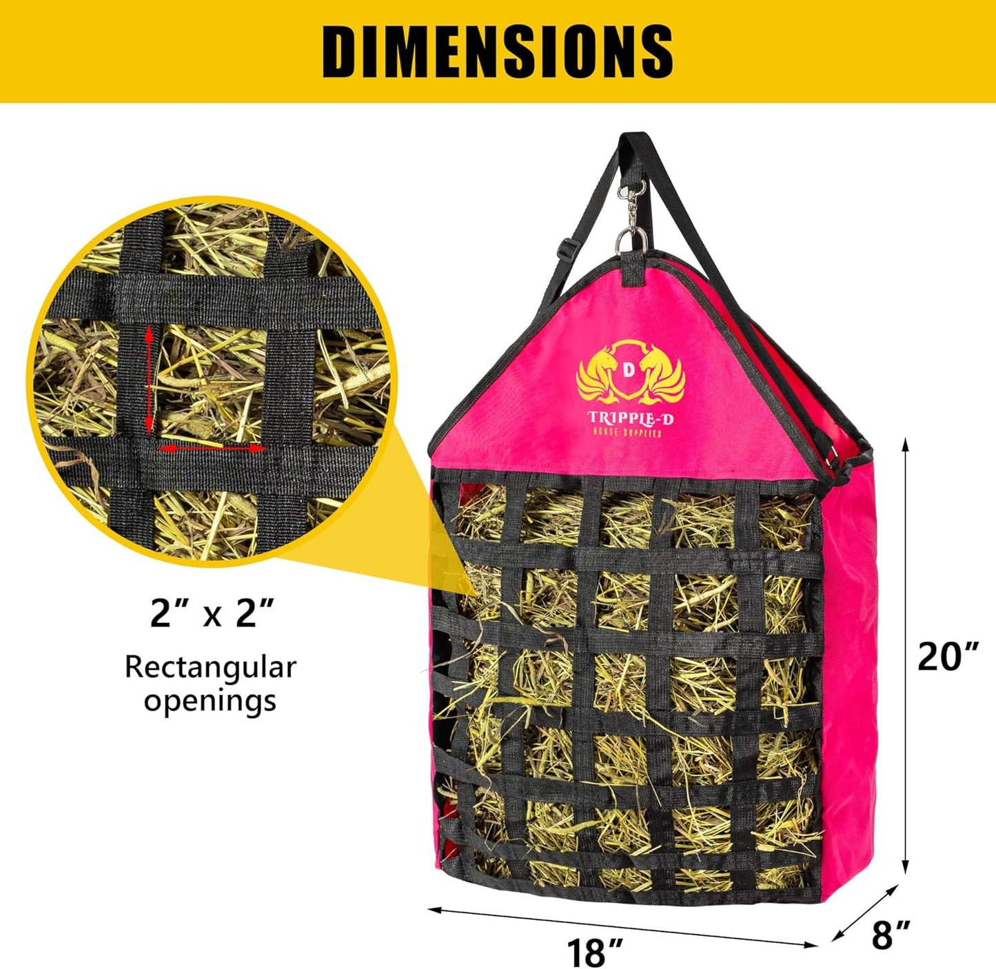 Tripple-D Horse Supplies top Loading Slow Feeder hay Bag, Equipment for Horses & Goats, Durable Strong Material and Nylon Feed net, Holds hay Bales securely, Reduces hay Waste, Nice feeders Storage
